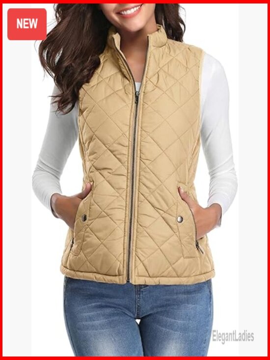 Jackets & Blazers - Lightweight Quilted Puffer Vest with 4 Pockets, Stand Collar, Zip Closure
